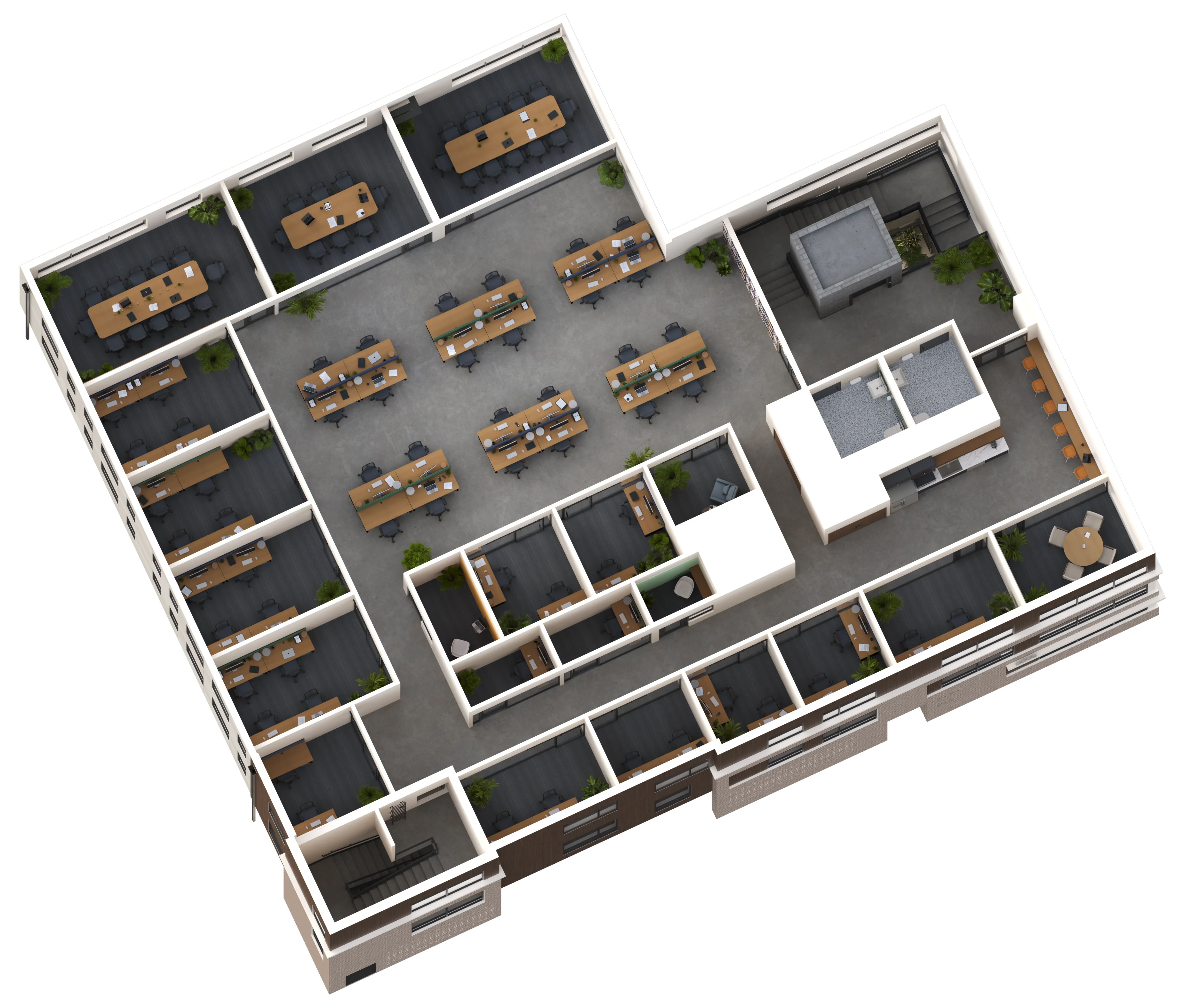 Isometric floorplan rendering of Verge Workspaces